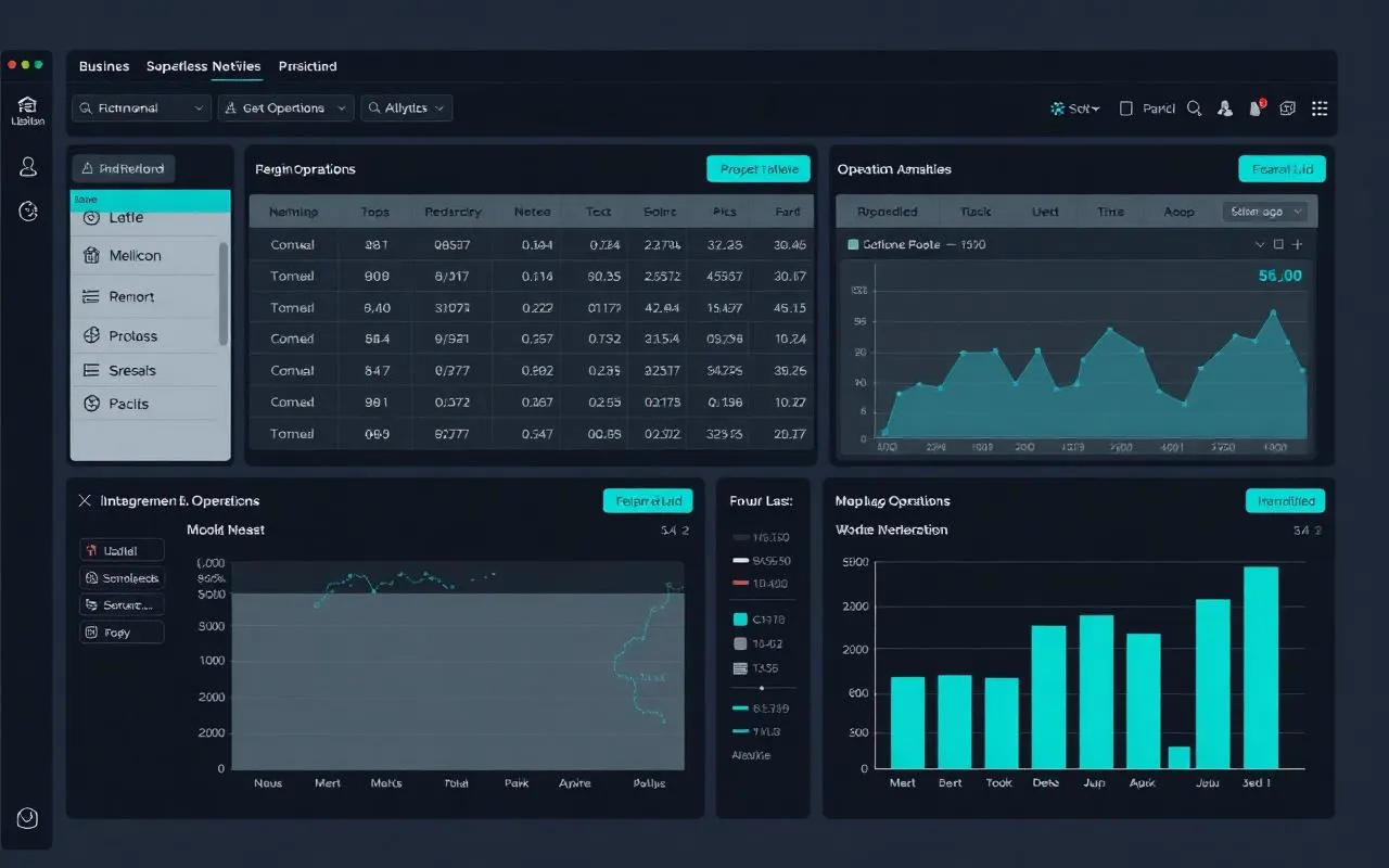 Placeholder screenshot of a business operations and analytics interface with tables and graphs.